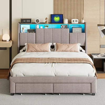 Image de Lit double tapissée - Lit avec rangement - Canapé-lit - Lit double - Lit en lin - 140x200 cm, gris