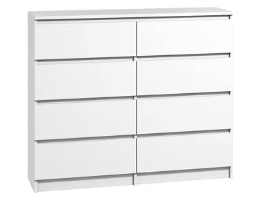 A white, eight-drawer dresser against a white background.