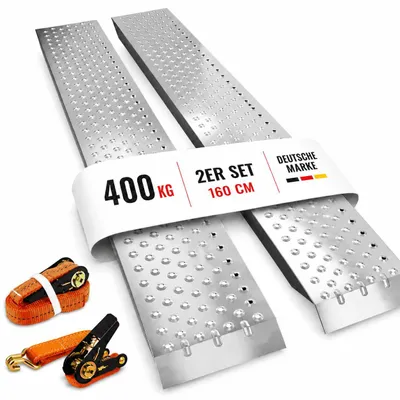 Produktbild von ONBEST Auffahrrampen | 2er Set | inklusive Spanngurte | 400 kg belastbar | 1,5mm Stahl | 22,5 x 160 cm (B x T)