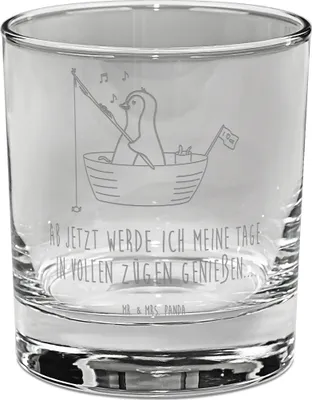 Produktbild von Mr. & Mrs. Panda Tumbler Glas Pinguin Angelboot - Transparent - Geschenk, Boot, Optimistisch, Whiskey, Scheidung, Angeln, Whisky, Whiskyglas, Gravur