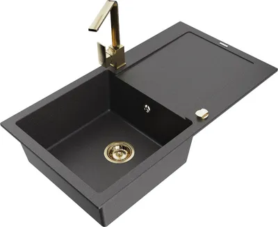 Produktbild von Mexen Leo 1 Becken-Granitspüle mit Abtropffläche und Mischbatterie Rita, Schwarz gesprenkelt - 6501-76-670300-50