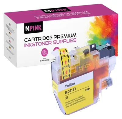 A yellow ink cartridge and its packaging.