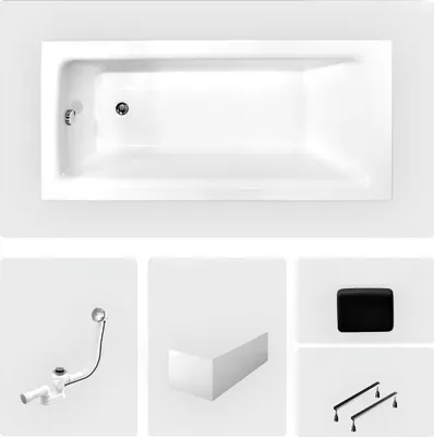 Produktbild von Rechteckige Badewanne - 160 x 75 cm - mit weißer Frontschürze - Füße - Griffe - Kopfstütze - Chromablauf - TALIA PREMIUM