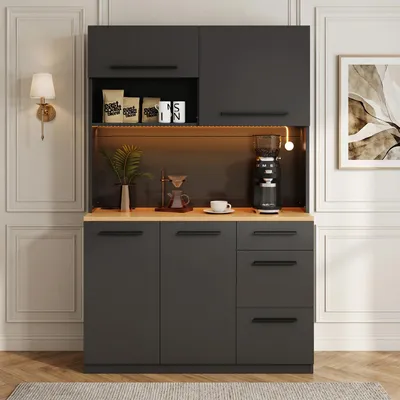 Obrázek produktu pro MODFU Kuchyňská skříňka s LED osvětlením, vysoká skříňka s integrovanou zásuvkou, rozměry 120 × 40 × 180 cm, komoda s velkým úložným prostorem, černá barva