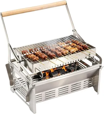 Imagen del producto de Barbacoa de carbón giratoria de 360° para exteriores, ideal para barbacoas, con cenicero y sistema de ventilación
