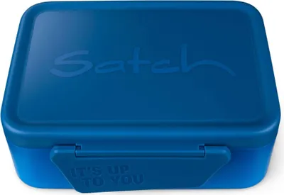 A blue lunchbox with the brand name 'Satch' and a slogan 'IT'S UP TO YOU' embossed on it.