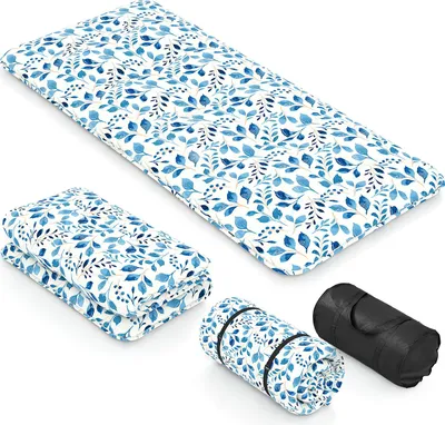 Produktbild von Bodenmatratze 90x200 cm, Futon Matratze Japanisch, Tatami Matte Faltbar & Tragbar, Klappmatratze mit Tragetasche & Abnehmbarer Bezug, Weiß & Blättern