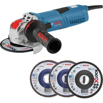 A Bosch angle grinder with three cutting discs displayed below it.