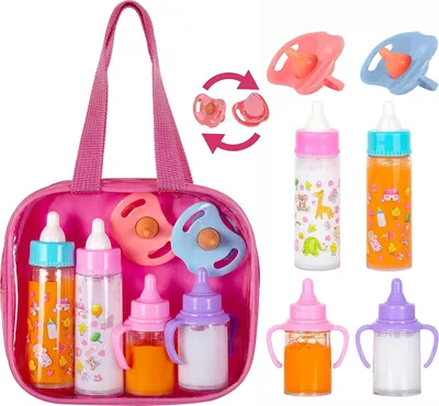 Imagen del producto de Kit de accesorios para muñecas, con 6 piezas de colores, en una bolsa de pañales, para niños