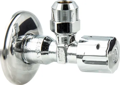 A close-up studio shot of a chrome-plated angle valve.