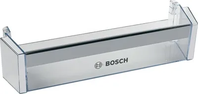 A clear plastic refrigerator door shelf with the Bosch logo.
