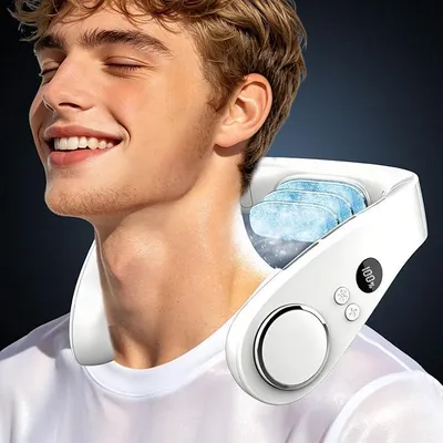 Produktbild von Nackenventilator mit Kühlung, Halsventilatoren Extra Leise (35dB) 24 Std. USB-C 5500mAh, 5 Stufen & LED-Display, Rotorloser Ventilator zum Umhängen-für Frauen/Männer/Kinder/Draußen/Drinnen