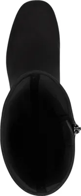 A top-down view of a black boot.