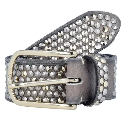 Produktbild von Nietengürtel aus 100% Leder Taupe mit runden Nieten in Goldoptik und goldfarbener Schnalle W95, 3.5cm breit