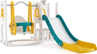 Immagine prodotto di COSTWAY Scivolo per bambini, set di scivoli 7 in 1 con struttura per arrampicata, altalena, canestro e telescopio, parco giochi Montessori per bambini 1+ (giallo+verde+bianco)