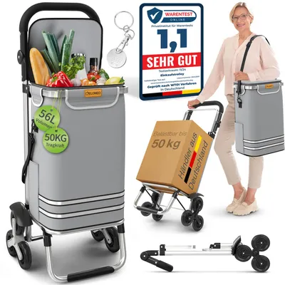 Produktbild von ELONEO Einkaufstrolley Treppensteiger mit Kühlfach, Einkaufsroller klappbar, Shopping Trolley höhenverstellbar, abnehmbare Tasche 56 L - Grau