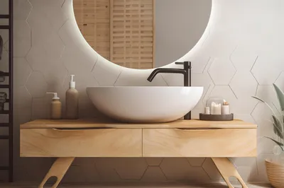 A modern bathroom vanity with a round LED mirror, a vessel sink, and a wooden cabinet.