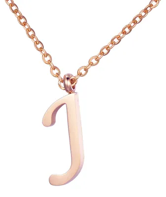 Image de Collier pour femme Morella avec pendentif en forme de lettre J, en acier inoxydable rose doré, dans une pochette à bijoux