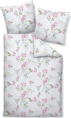A flat lay of a floral patterned duvet cover and pillowcases.