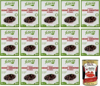 Produktbild von 14x Felicia Tortiglioni di Grano Saraceno Integrale,Pasta mit 100% -Buchweizen,Bio und Natürlich Glutenfrei,Packung mit 340g + Italian Gourmet Polpa di Pomodoro 400g Dose
