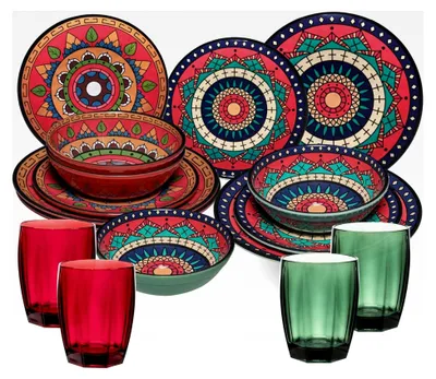 Produktbild von Melamin Geschirrset Toskana Deep für 4 Personen - Rot-Grün - Mandala-Design, spülmaschinengeeignet, Essgeschirr für Camping und Picknick