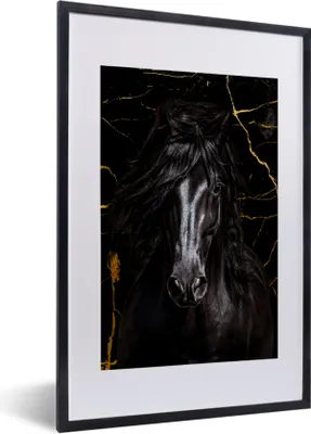 Produktbild von MuchoWow® MuchoWow® Gerahmtes Poster Pferd - Gold - Marmor 40x60 cm - Poster mit zchwarzem Bilderrahmen - Poster in Rahmen
