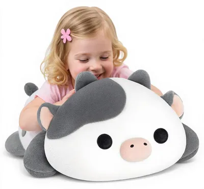 Immagine prodotto di Cuscino in peluche a forma di mucca, 51 cm, grigio e bianco, ideale come peluche per bambini e bambine