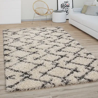Produktbild von Hochflor Teppich Wohnzimmer Shaggy Langflor Modernes Boho Skandi Rauten Muster Grösse 240x340 cm