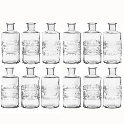 Produktbild von 12 x Vasen im Vintage-Look mit stilvoller Glasmusterung - Tischdeko - Tischvasen - Blumenvase - Glasflasche mit Korken - Öllampe