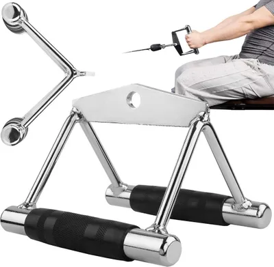 A person is using a cable machine with a V-bar attachment. The V-bar attachment is shown in the foreground.