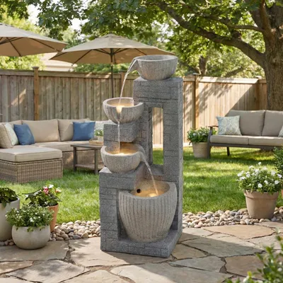 Image de Fontaine de jardin LED Merax avec design en pierre stratifiée, fontaine cascade en résine, bassin pour jardin et terrasse avec pompe et lumière blanche chaude, gris pierre