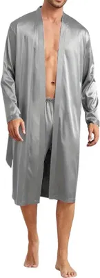Image de Unyqoos® Nivard - Peignoir en satin pour homme, modèle kimono, couleur gris, taille M, léger et respirant, avec ceinture à nouer