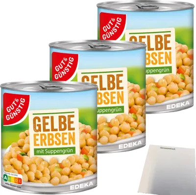 Produktbild von Gut & Günstig Gelbe Erbsen mit Suppengrün 3er Pack (3x800g Dose) + usy Block