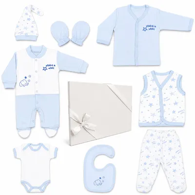 Produktbild von BLUE EYES Baby Geschenk Set 8-teilig, 100% Baumwolle, , geborenen Erstausstattung 0–4 Monate, Stern Blau