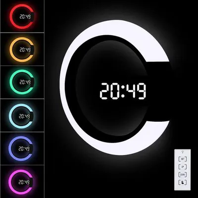 Zdjęcie produktu dla Zegar ścienny LED z pilotem i podświetleniem RGB – wyświetlacz 12/24-godzinny, wskaźnik temperatury i funkcja budzika