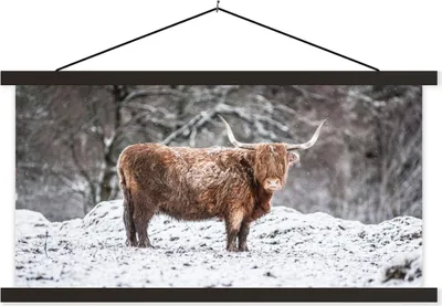 Produktbild von MuchoWow® Textilposter Schottisches Hochlandrind - Baum - Schnee 150x75 cm mit schwarzem Rahmen - Posterleiste