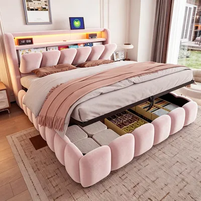 Obrázok produktu pre Postel s čalúneným rámom, rozmer 180x200 cm, s hydraulickým úložným priestorom, LED osvetlením a zásuvkou, zamatová posteľ s úložnou hlavou a latkovým roštom, ružová farba