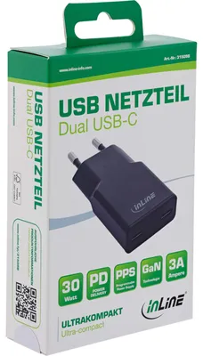 Produktbild von InLine USB Netzteil Ladegerät Dual USB-C, PD, PPS, 30W, schwarz, Drinnen, AC, 20 V, 3 A, Schwarz