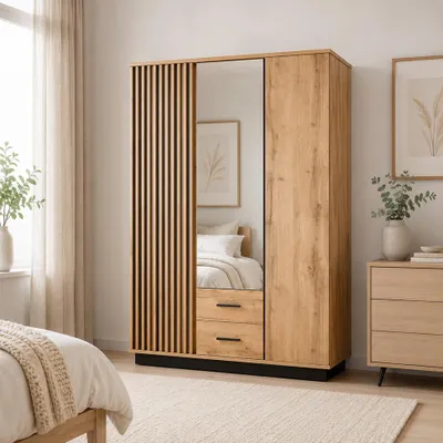 Produktbild von Dreitüriger Kleiderschrank LAMERO LA15 mit Spiegel und zwei Schubladen, Drehtürenschrank (Eiche Wotan + Schwarz)
