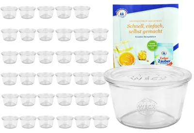 Produktbild von 36er Set Weck Sturzgläser 290ml nieder, 1/5L Gläser mit 36 Glasdeckeln inkl. Rezeptheft