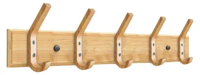 Zdjęcie produktu dla Wieszak na ubrania z 5 haczykami, montowany na ścianie, bambus, wymiary: 42x15x6,5 cm