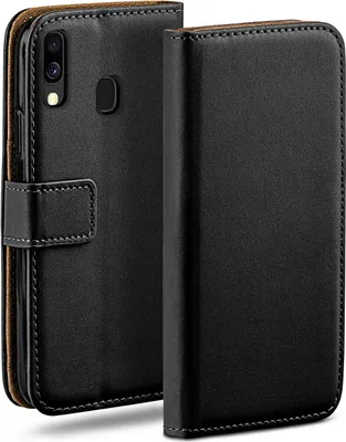 A black leather flip case for a smartphone is shown from an angled front view.