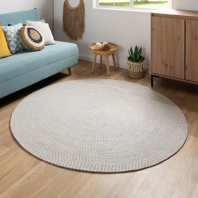 Produktbild von Steffensmeier Handweb Teppich Bali  | 100 % Baumwolle, Grau Creme, handgefertigt, Größe: Ø 120 cm | Flur, Eingangsbereich, Wohnzimmer