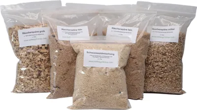 Produktbild von Räucherspäne/Räuchermehl Buche/Kiefer/Fichte/Tanne/Schwarzwaldmischung/Starterset zum kalt und heiß räuchern