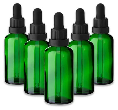 Produktbild von 5x Grüne Glasflasche 50 ml mit Pipette und schwarzem Verschluss Leer