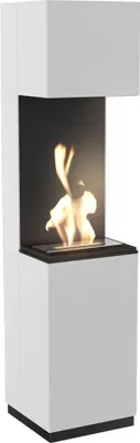 A freestanding white bioethanol fireplace with a black base and a black frame around the flame.