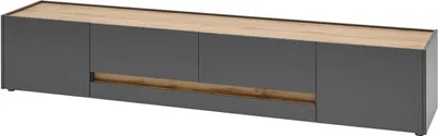A long, low media console with a gray body and a wood-effect top and accent.