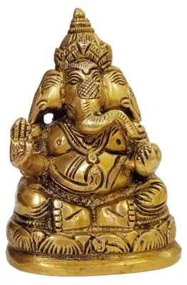 Messing-Idol Trimukhi Ganapati, 3-koppig, 10,2 cm
