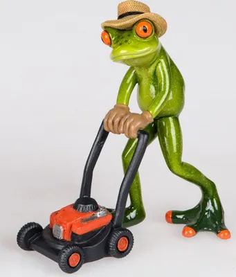 A figurine of a frog wearing a straw hat and gloves, pushing a lawnmower.
