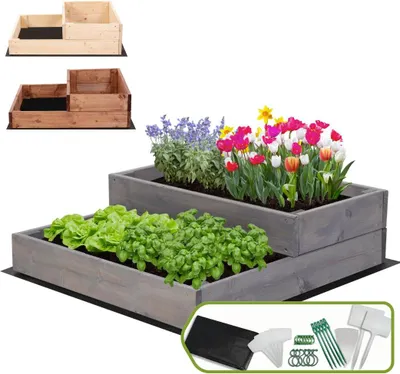 Produktbild von MODO24 Hochbeet Holz, Pflanzkasten, Massivholz, Kiefer, Kräuterbeet, Blumenkasten, Garten, Terrasse, 18x60x63 cm, Grau, ZP07